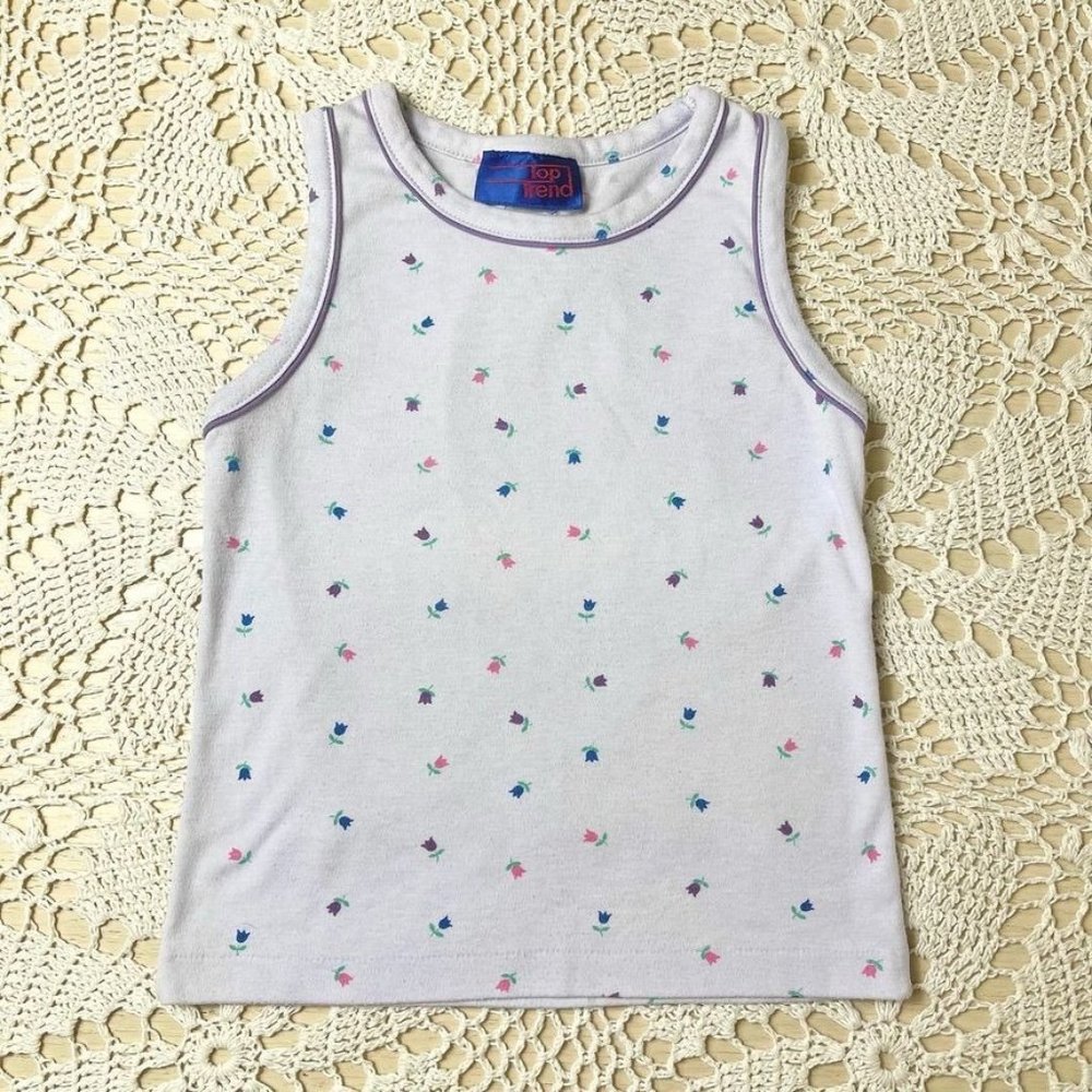 Vintage 1980s Purple Single Stitch Tulip Print Tank Top Girls 8-10 Years